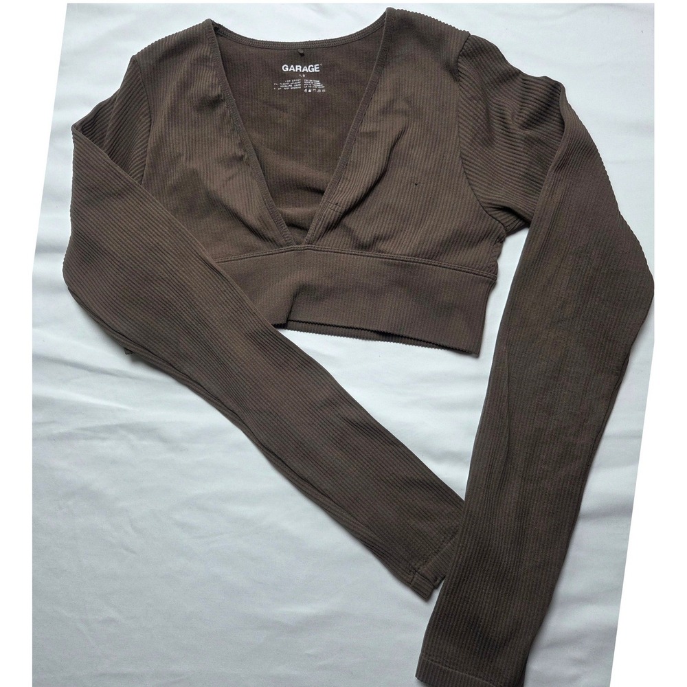 Garage Womens Brown Ribbed Long Sleeve V-Neck Crop Top Size S